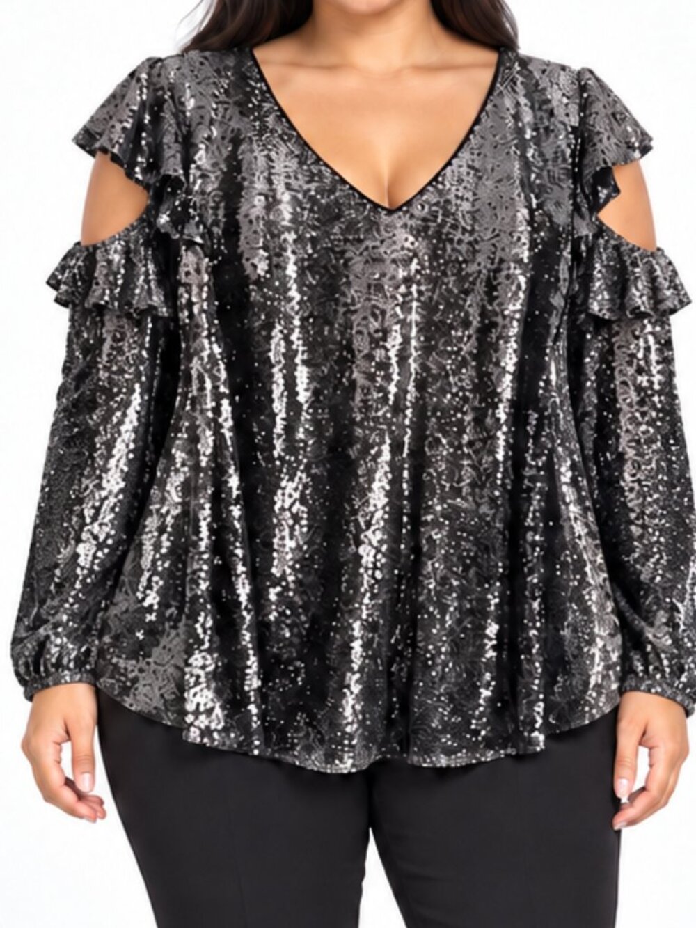 Lane Bryant Gunmetal Sequin V-Neck Flutter Sleeve Top Size 16 Holiday Party NWT